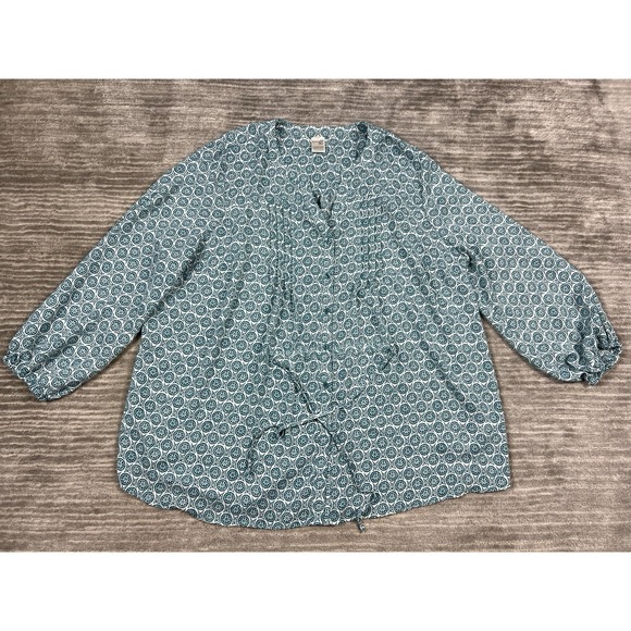 Terra & Sky Tops - Terra & Sky Top Womens 1X Green‎ Button Up Long Sleeve Polyester Casual